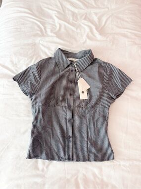 Altar’d State Navy Blue Striped Button Up Collared Top Size Small